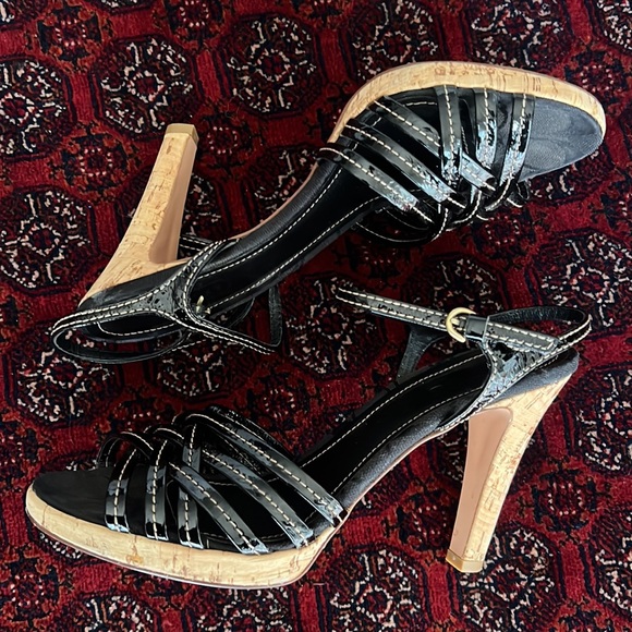 Strappy Coach patent leather cork heels 8 1/2 B Made in Italy - Picture 2 of 7